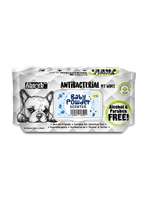 KIT CAT - Absorb Plus Antibacterial Dog Wipes Baby Powder 80 sheets 20 x 15cm - DE Pet