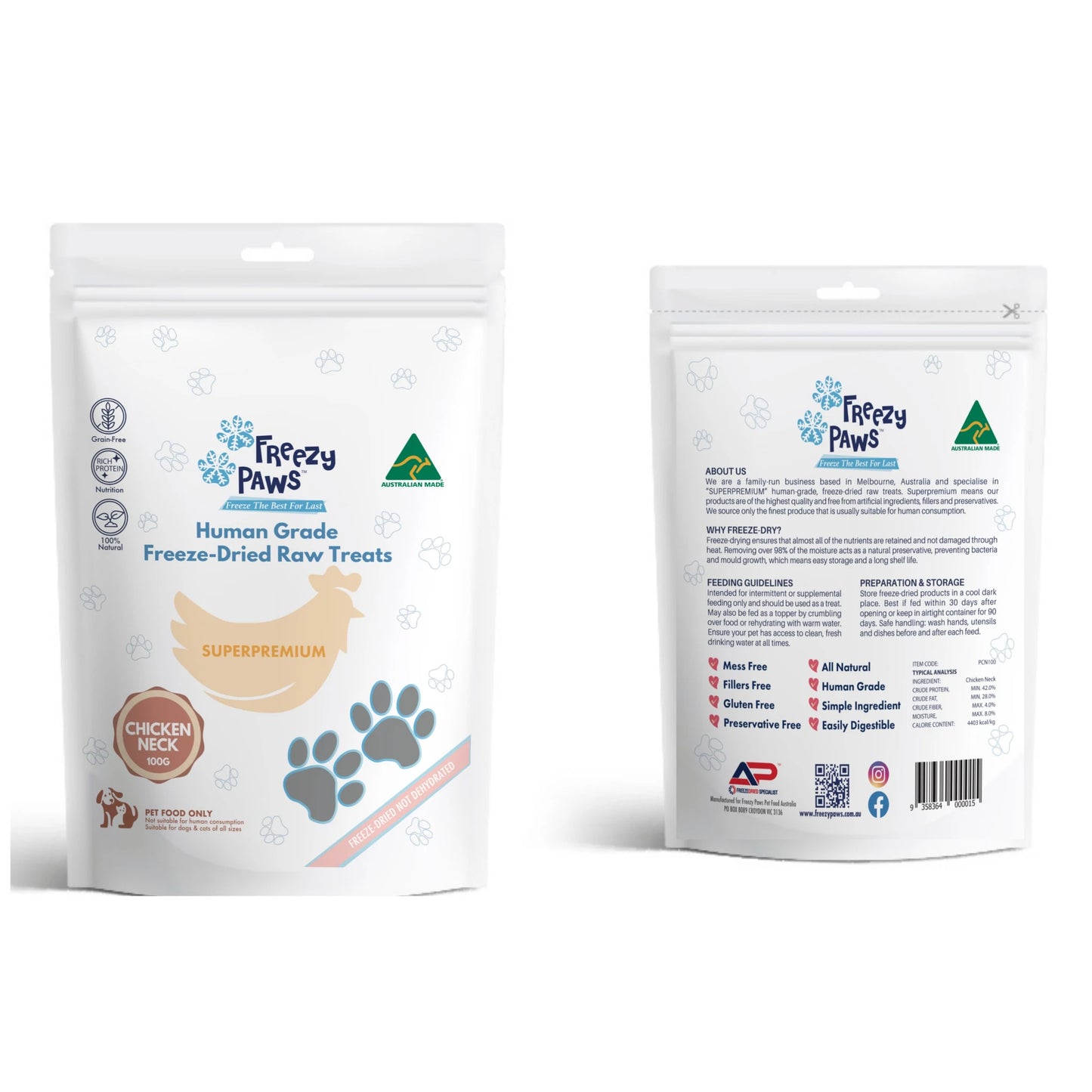 FREEZY PAWS - Freeze Dried Chicken Neck Raw Treats - DE Pet